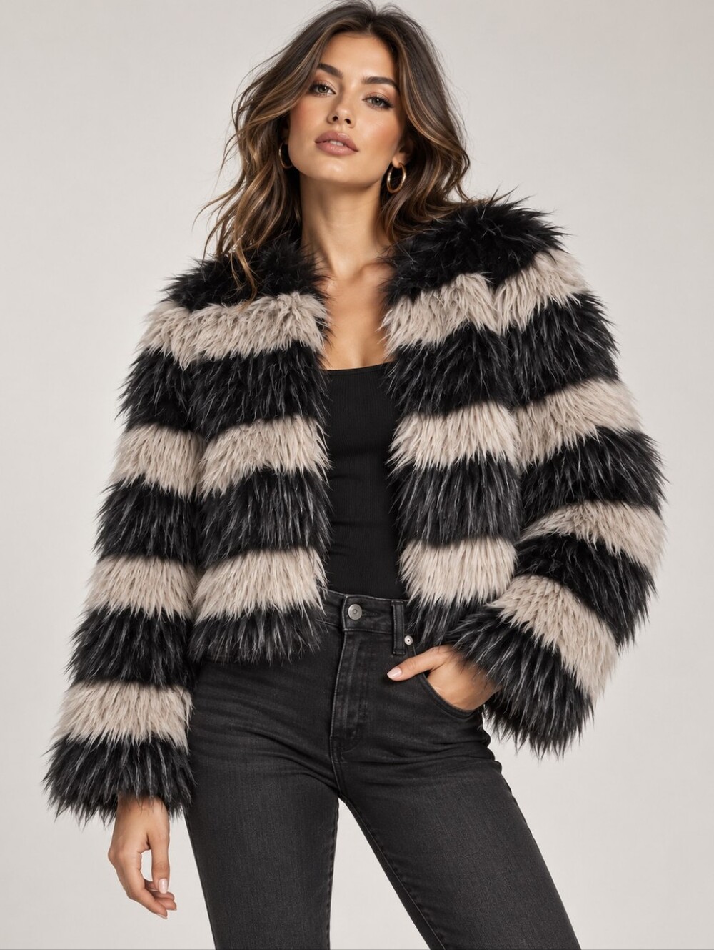 Guess Black and Grey Faux Fur Trim Coat